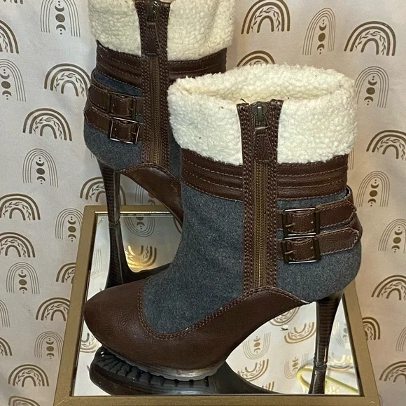 Elle Brown and Gray Heeled Boots with Chunky Sole - Picture 1 of 15
